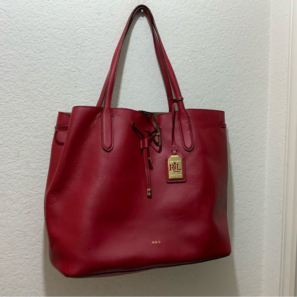 Ralph Lauren Red Leather Tote drawstring open top - Picture 3 of 11